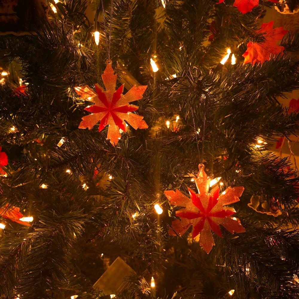 Handmade Resin Ornaments Glitter Snowflake Red & Silver Glitter Set Of 2